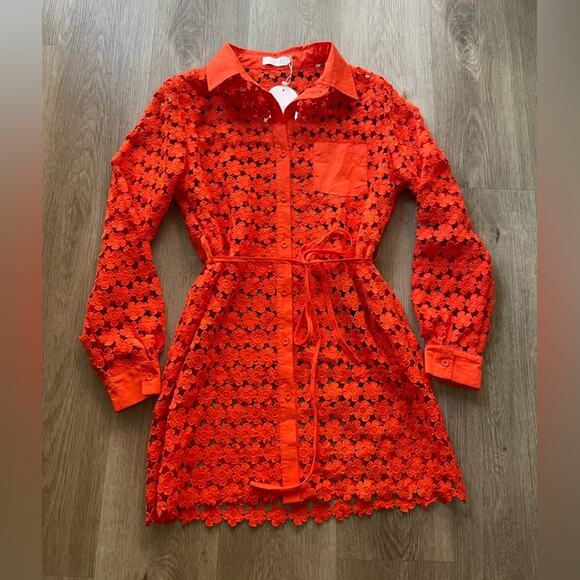 rumer capri orange floral embroidered collared sheer mini button front dress NEW - Picture 1 of 3